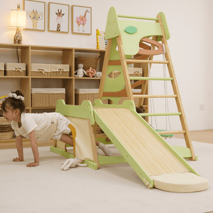 Avenlur Bush 6-in-1 Indoor Wooden Jungle Gym Climber – Montessori Toddler Playset with Slide, Rock Wall, Ladder & More