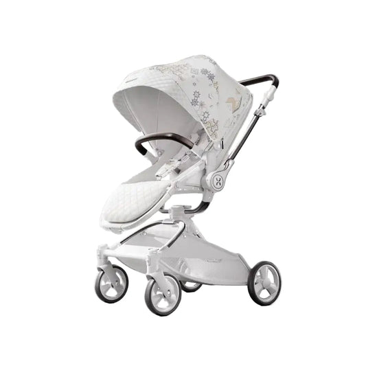White baby stroller with floral design on a white background