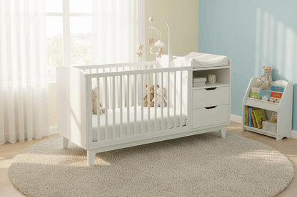 White wooden baby crib with attached changing tray and three drawers, shown on a clean white background.