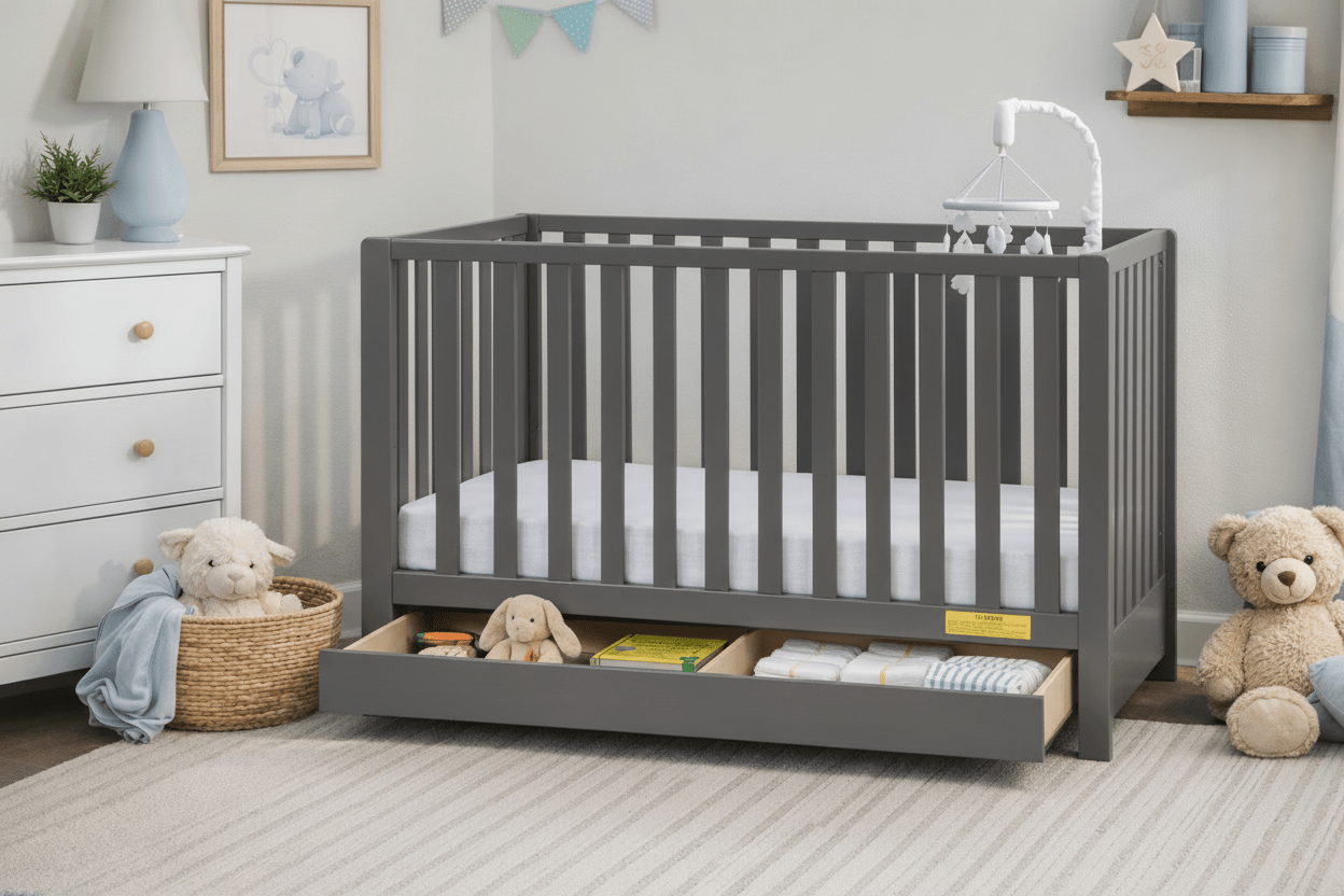 Emma 4‑in‑1 Convertible Crib with Storage Drawer Solid Wood Baby Bed