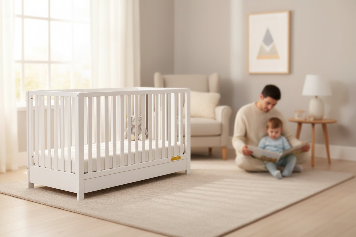 White crib with a visible brand label on a white background