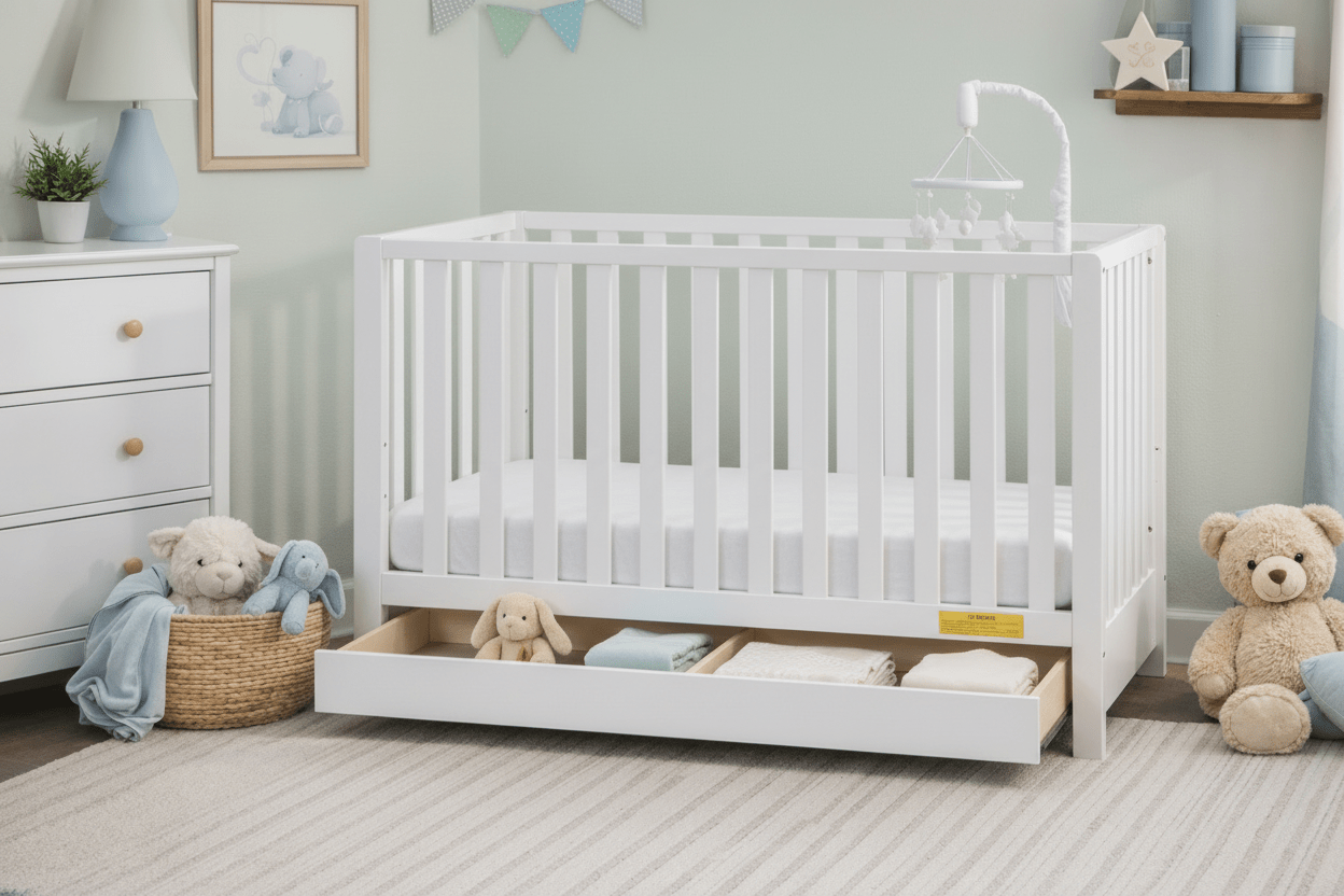 Wooden crib with toys and bedding in a nursery setting
