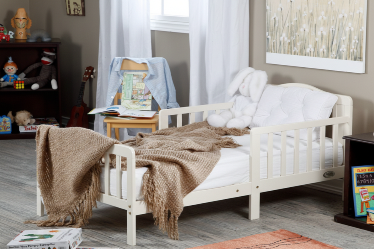 Wooden crib with blankets in a room setting