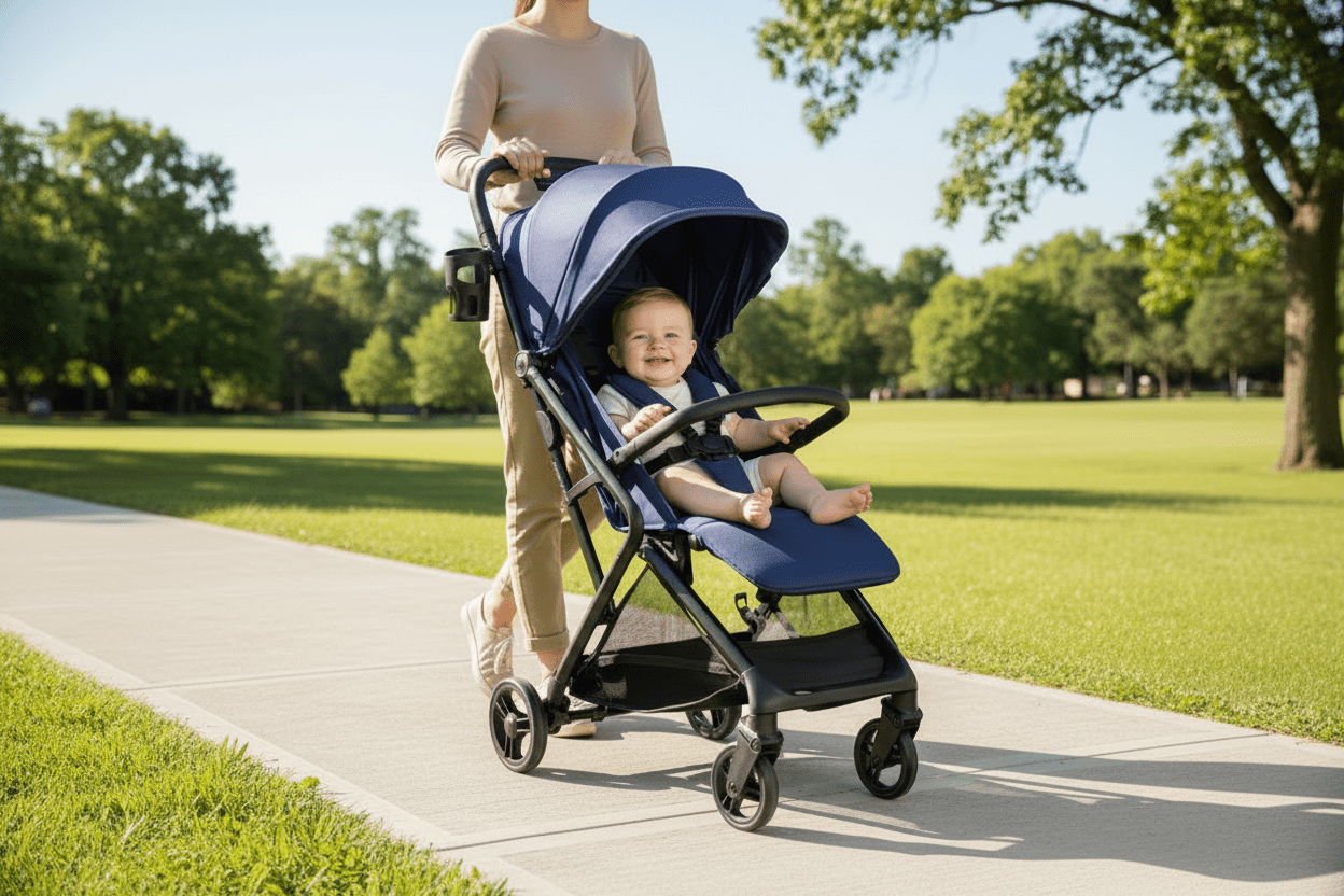Woman pushing a blue stroller with a baby in a park