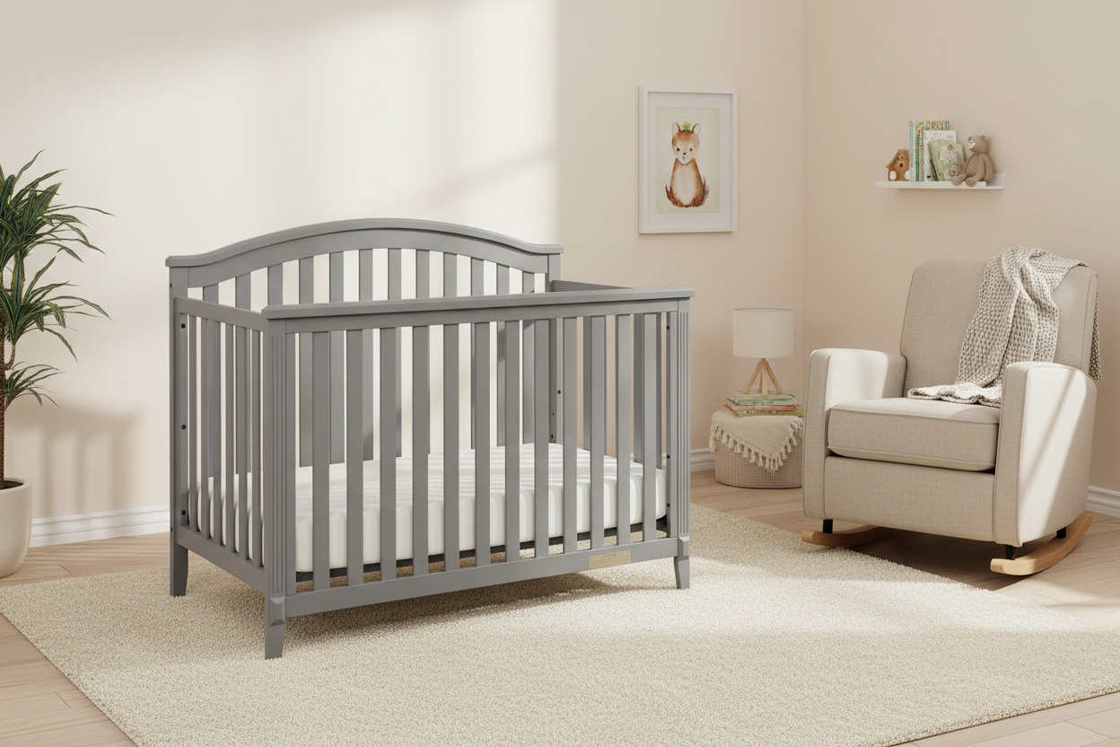 Gray crib with white mattress on a white background