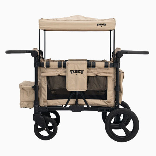 Beige and black stroller with canopy on a white background