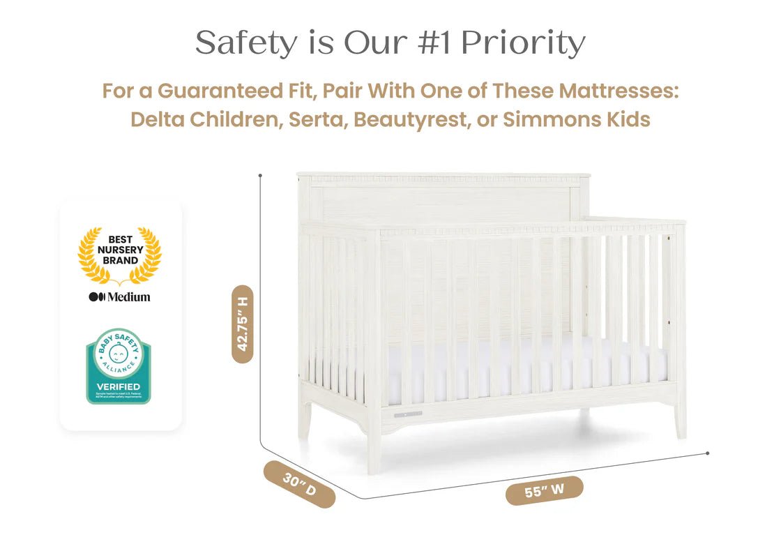 Kendall 6 In 1 Convertible Baby Crib with Classic Molding and Adjustable Mattress Height