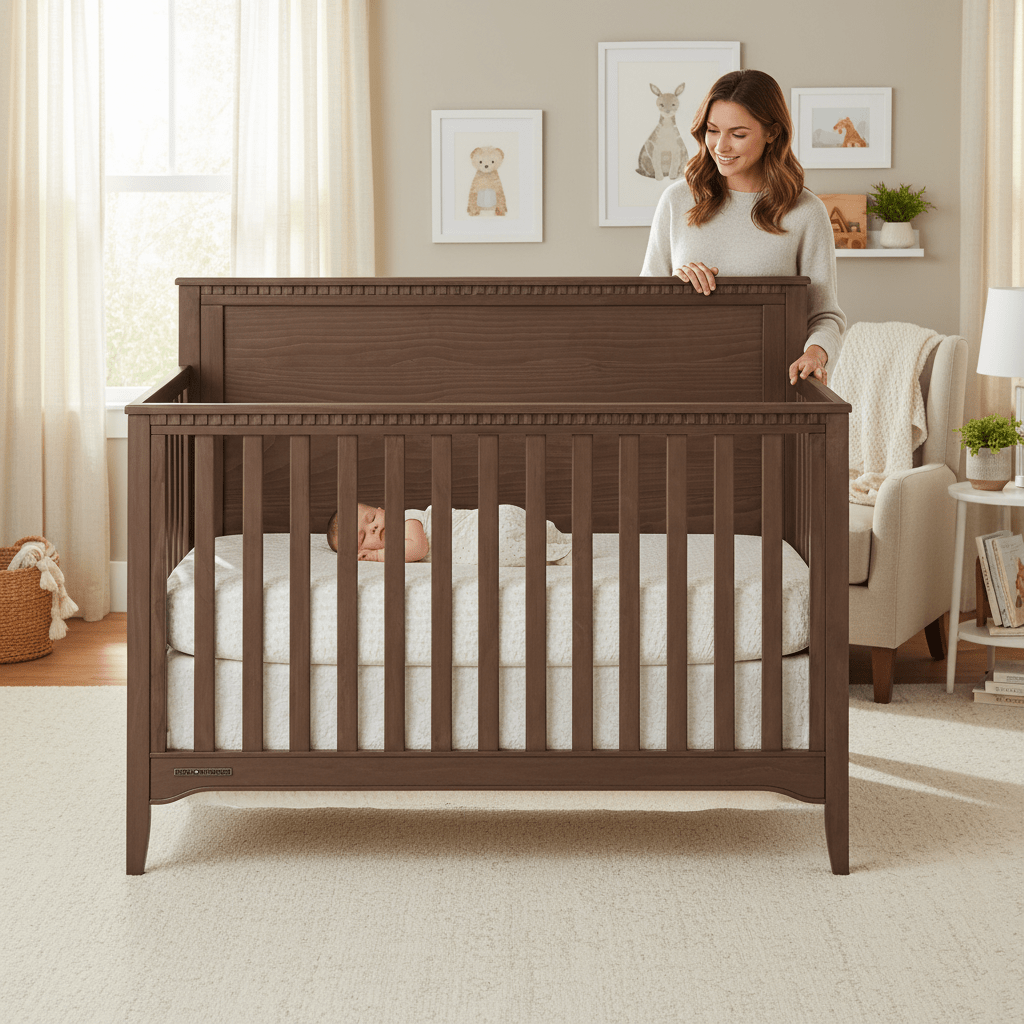 Wooden crib with a white mattress on a white background