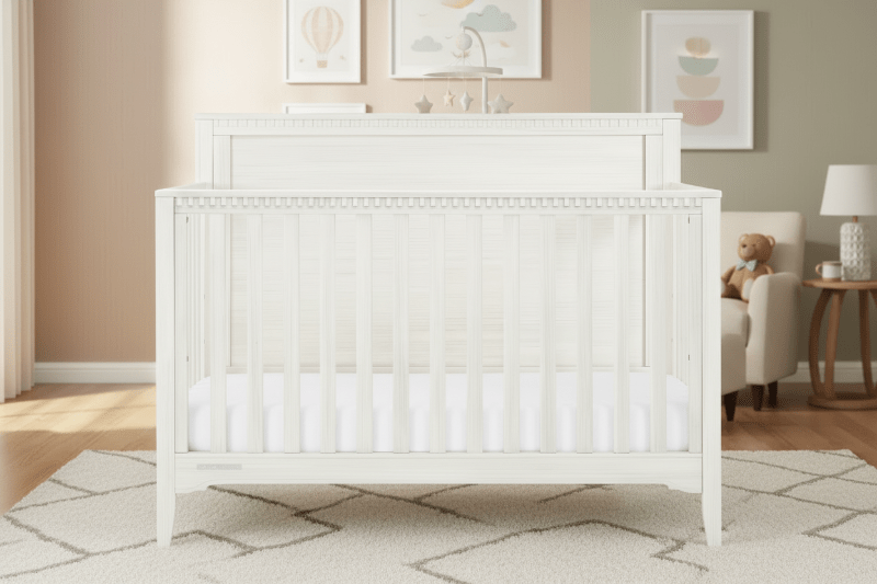 White crib in a nursery with a teddy bear and framed artwork on the wall.