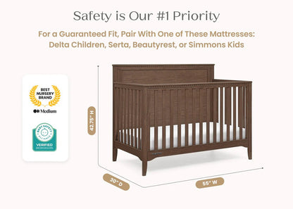 Kendall 6 In 1 Convertible Baby Crib with Classic Molding and Adjustable Mattress Height