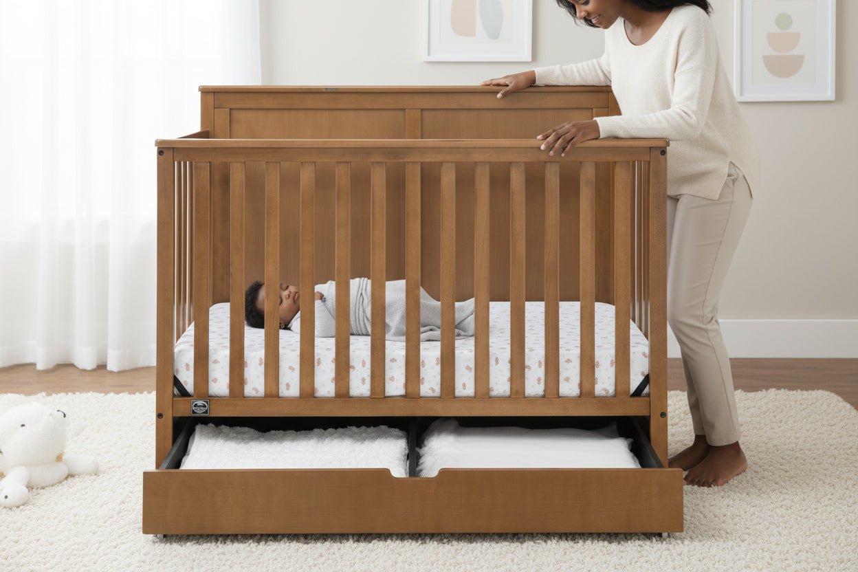 Logan 6 In 1 Convertible Baby Crib with Storage Drawer and Adjustable Mattress Height
