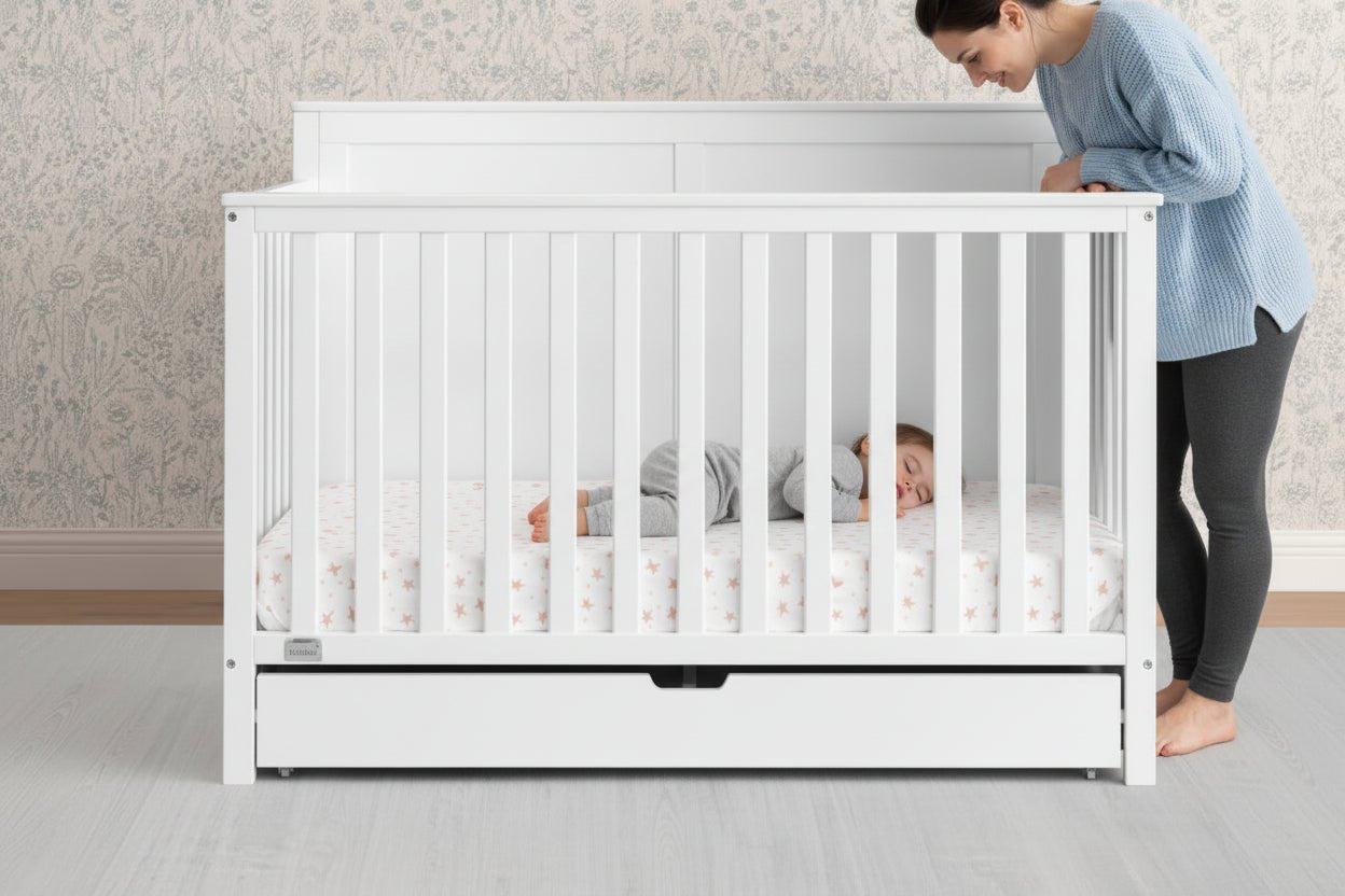 White crib with a mattress and drawers on a neutral background