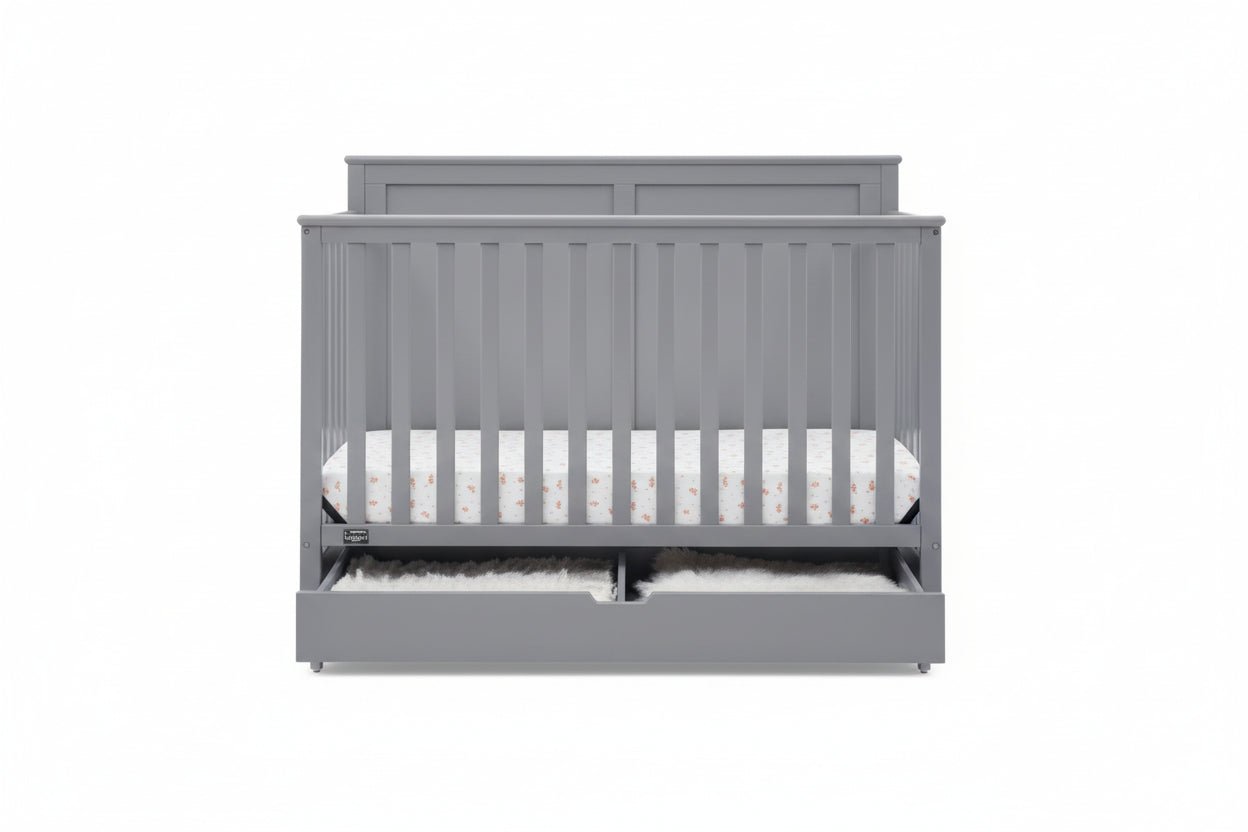 Logan 6 In 1 Convertible Baby Crib with Storage Drawer and Adjustable Mattress Height