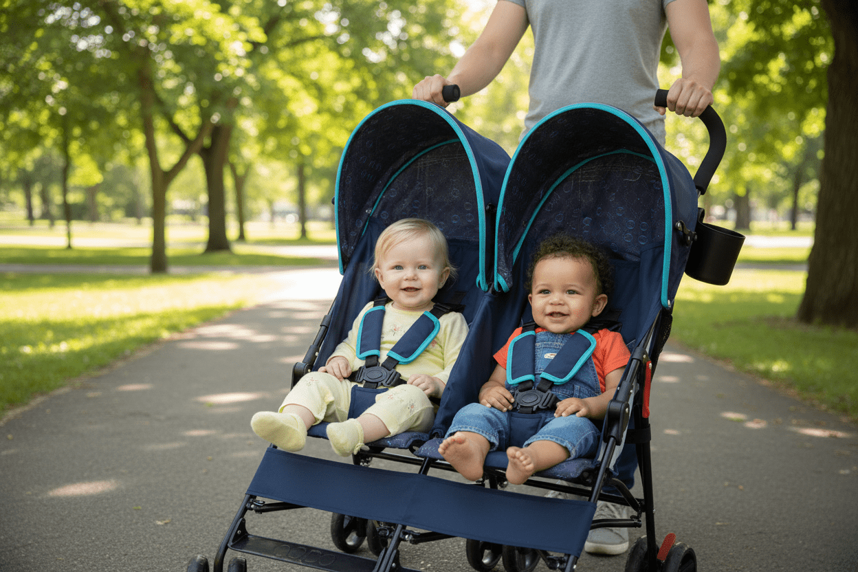 Blue and black double stroller on a white background