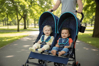Blue and black double stroller on a white background