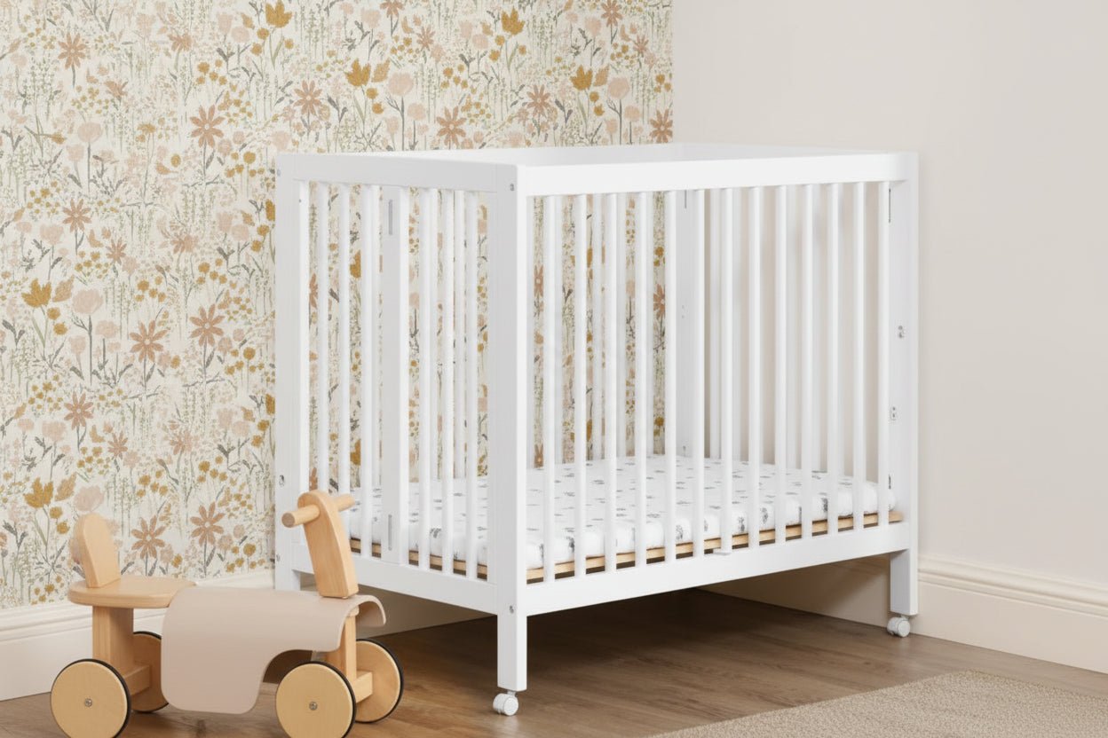 White crib in a room with floral wallpaper and wooden flooring
