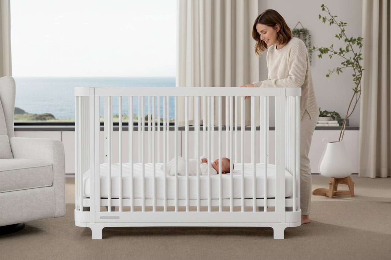 White crib with a blue mattress in a room with large windows and curtains.