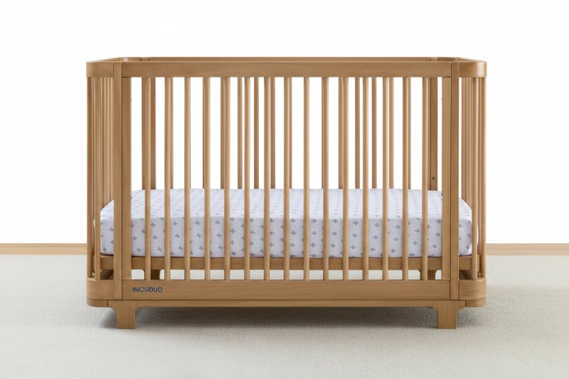 Wooden crib with a white mattress on a plain background
