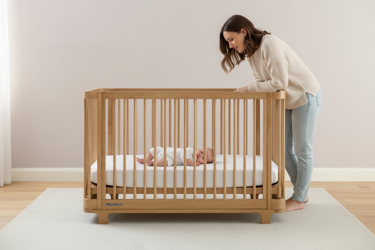 Wooden crib with a white mattress on a plain background