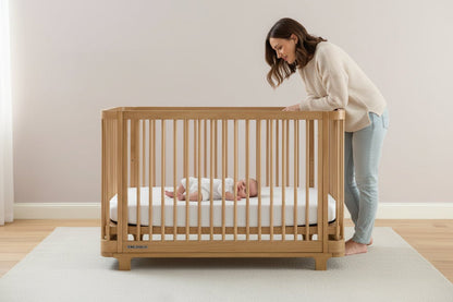 Wooden crib with a white mattress on a plain background