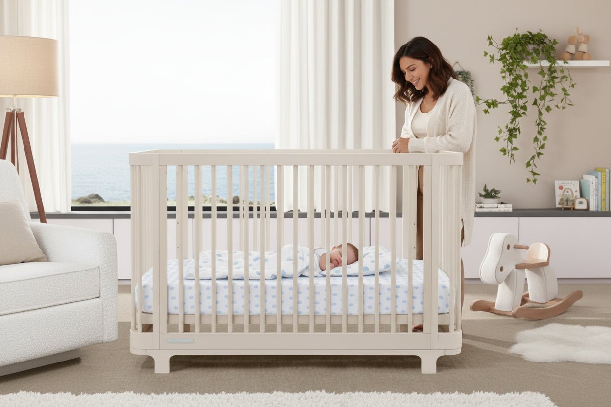 White crib in a room with light-colored walls and furniture.