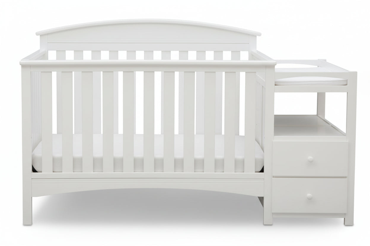 Gray crib with changing table on a white background