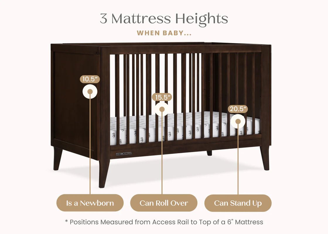 Ollie 4 In 1 Convertible Baby Crib with Mid Century Design and Adjustable Mattress Height