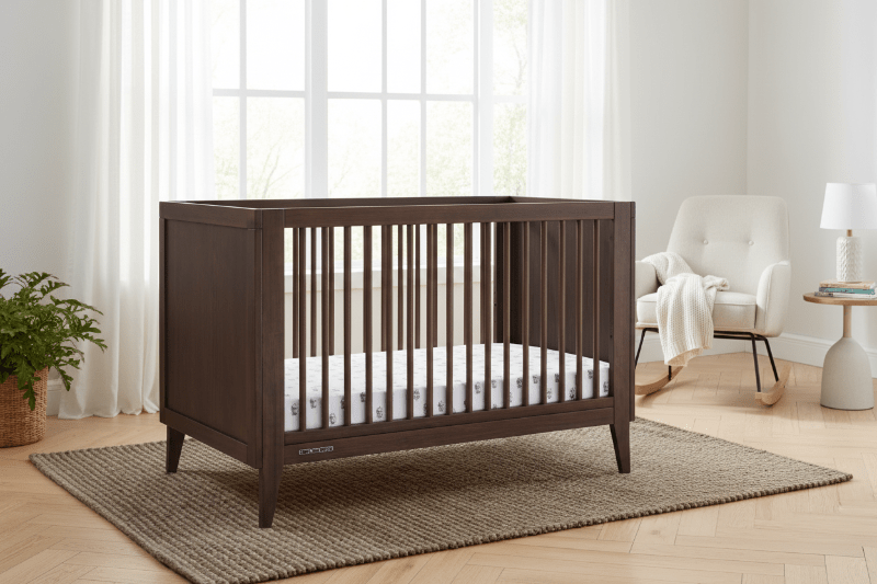 Ollie 4 In 1 Convertible Baby Crib with Mid Century Design and Adjustable Mattress Height