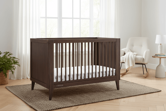 Ollie 4 In 1 Convertible Baby Crib with Mid Century Design and Adjustable Mattress Height