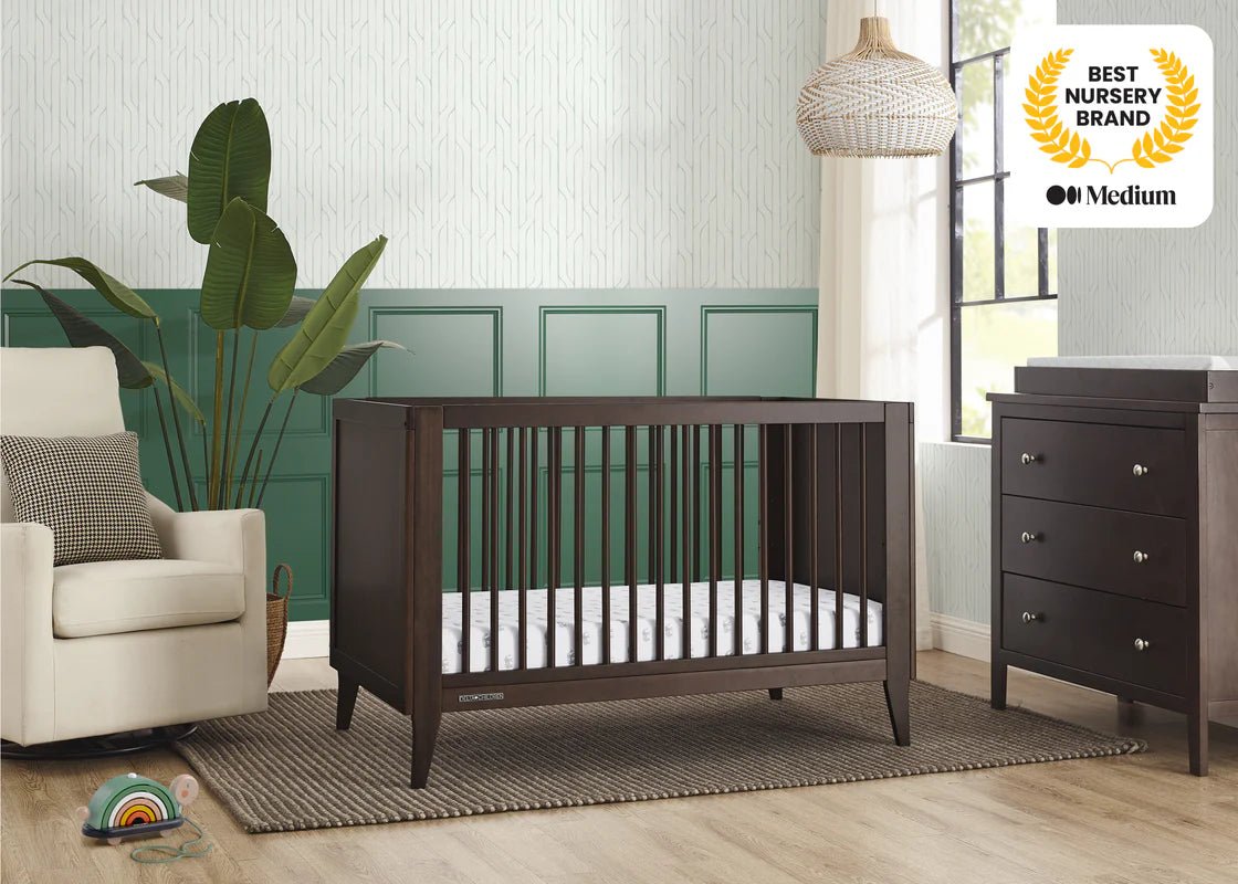 Ollie 4 In 1 Convertible Baby Crib with Mid Century Design and Adjustable Mattress Height