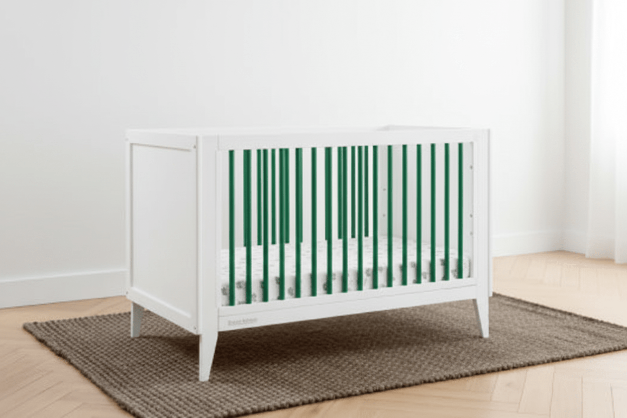 White crib in a room with green paneled walls and a wooden floor.