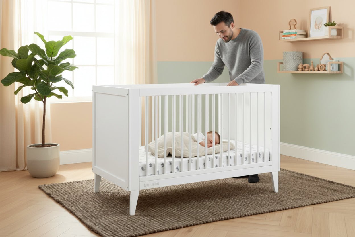 White crib in a room with green paneled walls and a wooden floor.