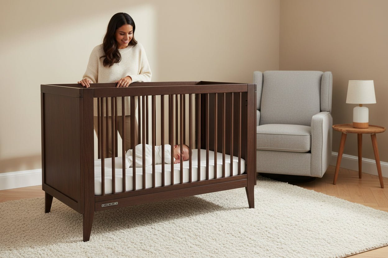 Ollie 4 In 1 Convertible Baby Crib with Mid Century Design and Adjustable Mattress Height
