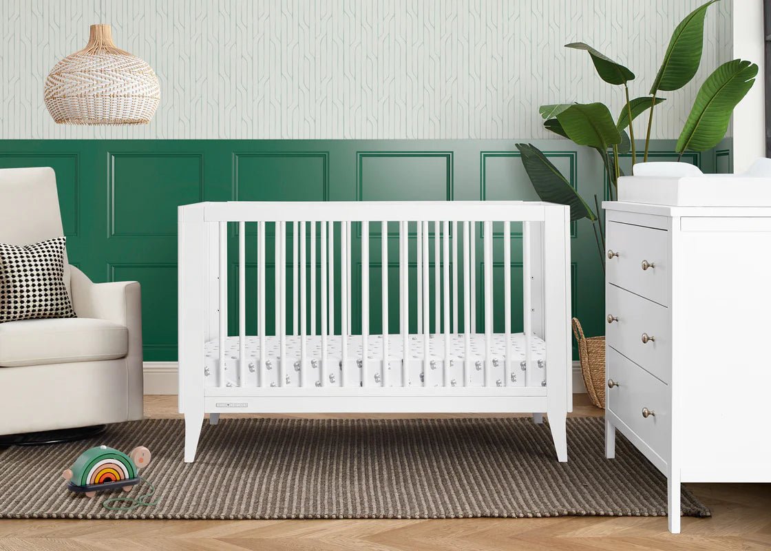 Ollie 4 In 1 Convertible Baby Crib with Mid Century Design and Adjustable Mattress Height