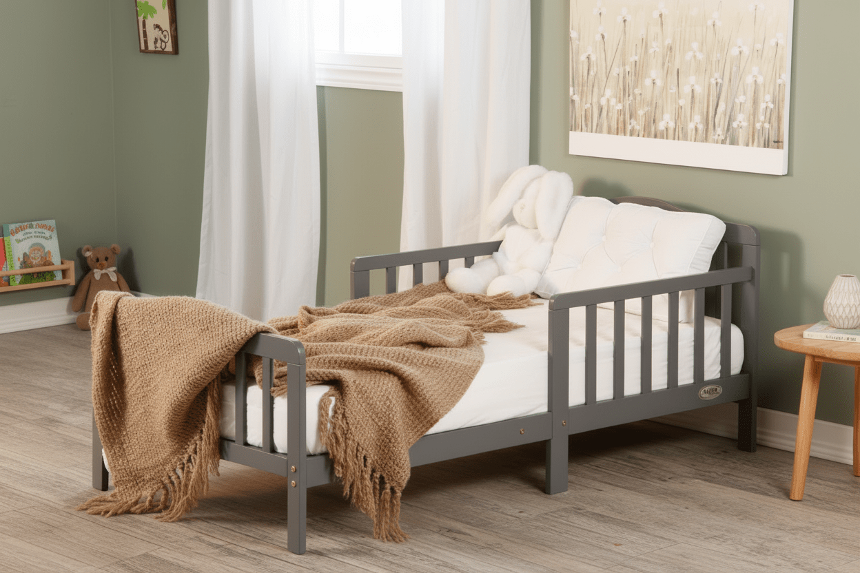 Children's bedroom with a gray bed, brown blanket, and white pillows.