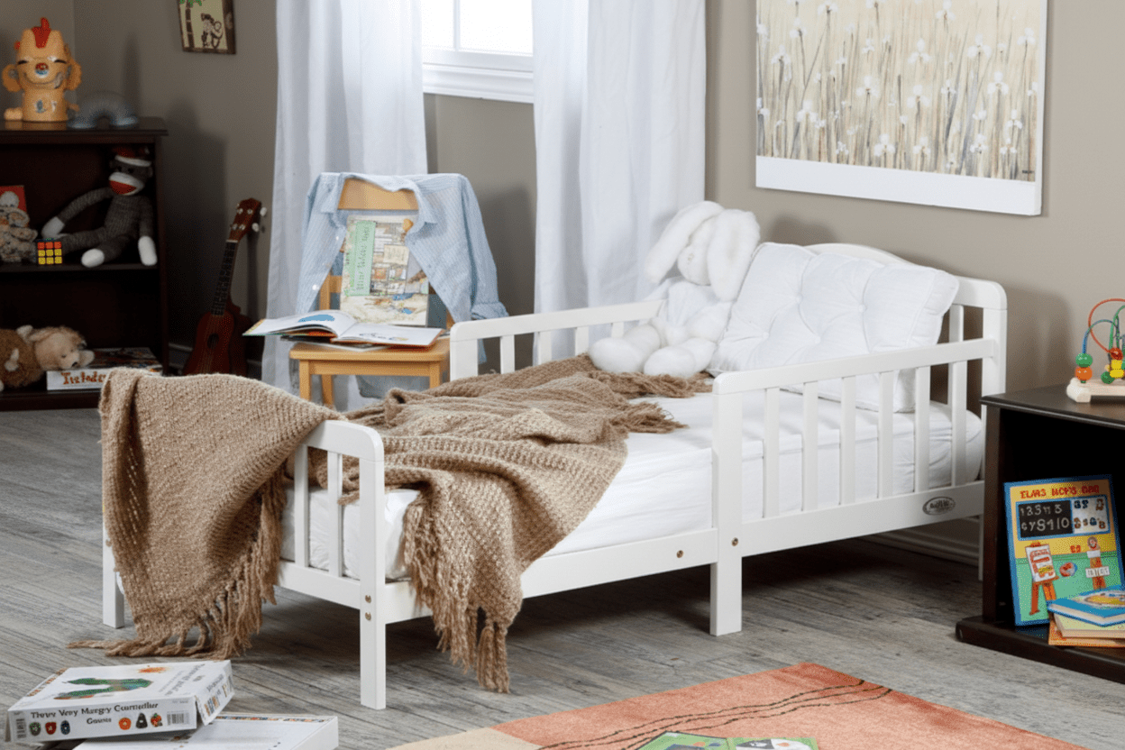 Wooden crib with blankets in a room setting