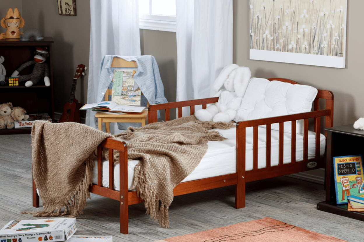 Wooden crib with blankets in a room setting