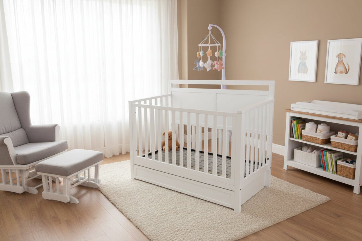 Orbelle White crib with wooden slats on a white background