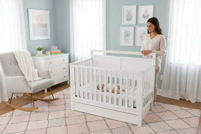 Orbelle White crib with wooden slats on a white background