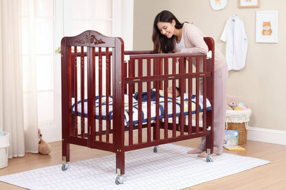 Wooden crib with wheels in a room setting