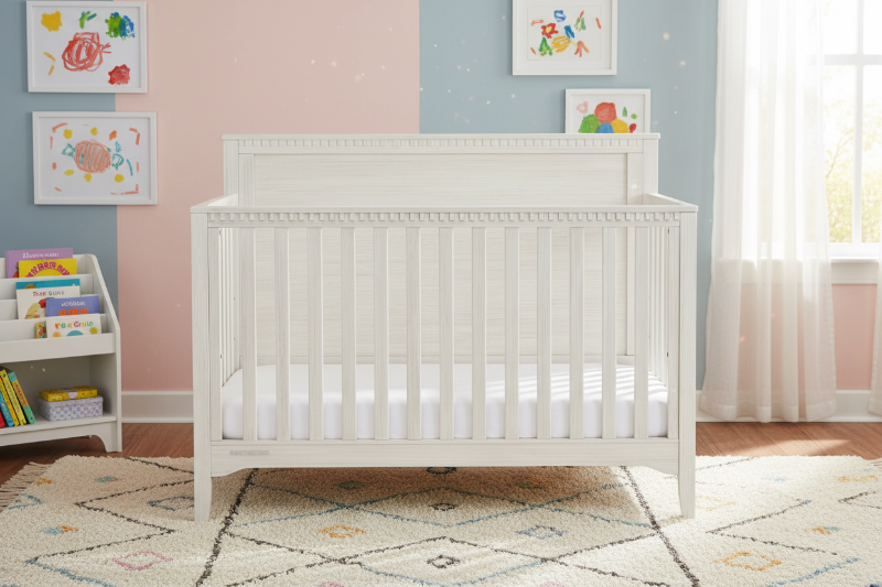 White crib with white bedding on a white background