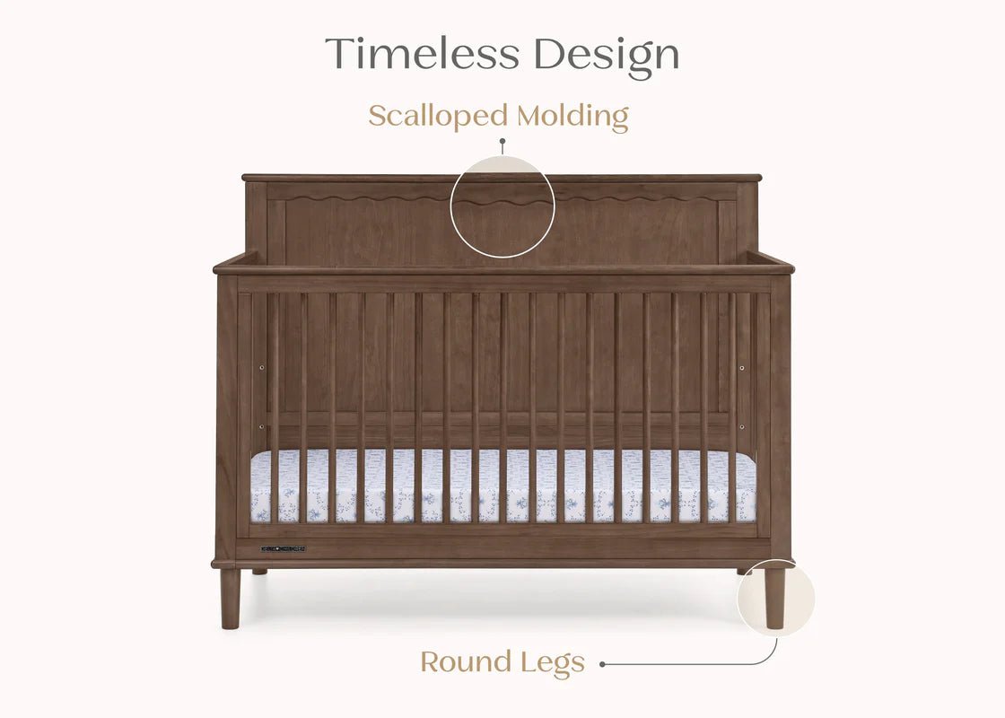 Penelope 6 In 1 Convertible Baby Crib with Scalloped Design and Adjustable Mattress Height