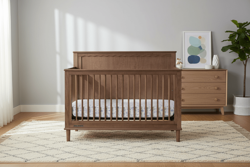 Wooden crib with a white crib sheet on a white background