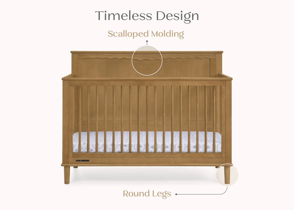 Penelope 6 In 1 Convertible Baby Crib with Scalloped Design and Adjustable Mattress Height
