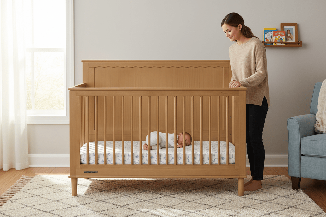 Wooden crib with a white crib sheet on a white background