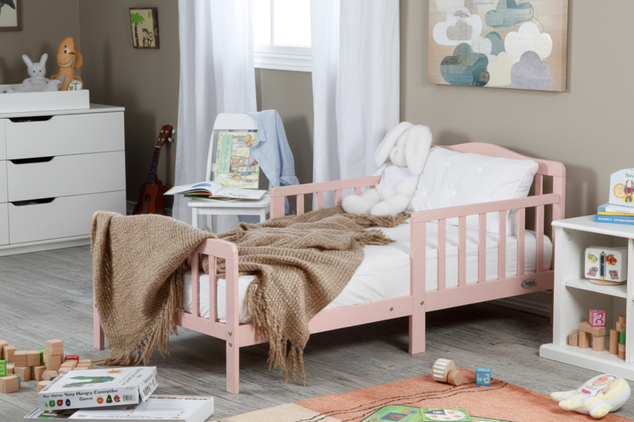 Wooden crib with blankets in a room setting