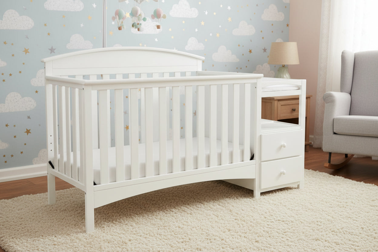 Gray crib with changing table on a white background
