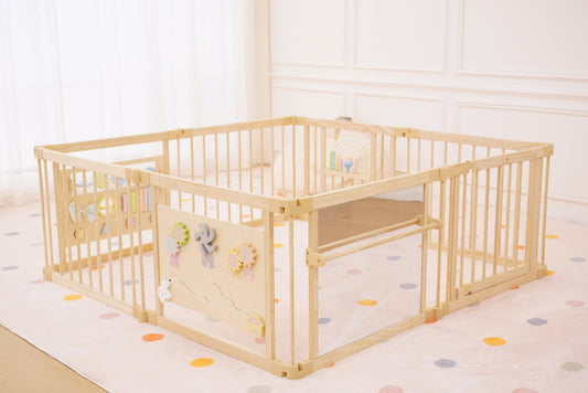 Wooden Baby Playpen with Mirror & Whiteboard Panel – Foldable 63" x 63" Montessori Sensory Play Yard