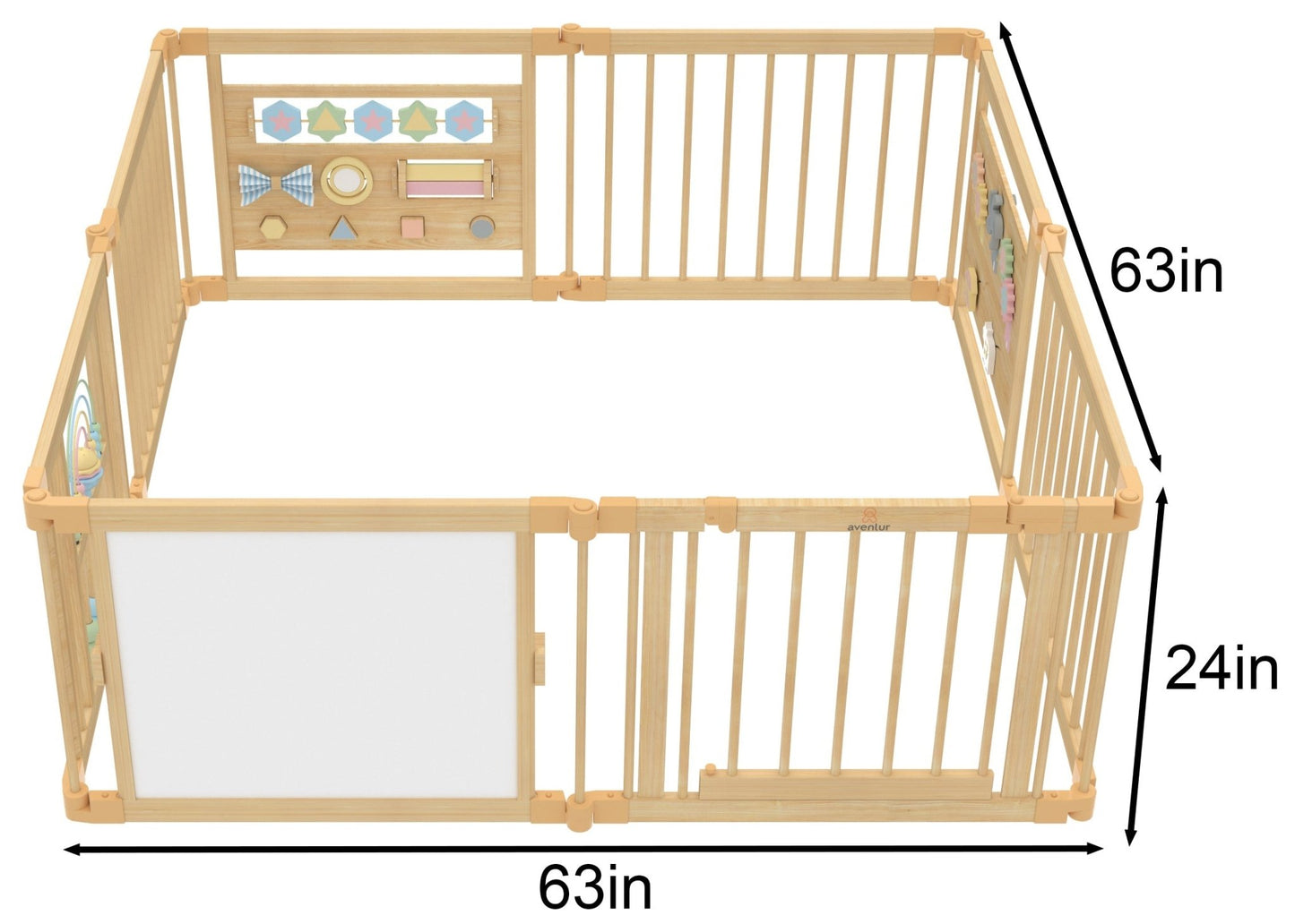 Wooden Baby Playpen with Mirror & Whiteboard Panel – Foldable 63" x 63" Montessori Sensory Play Yard