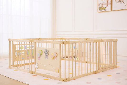 Wooden Baby Playpen with Sensory Activity Panels – 63" x 63" Square, Foldable Indoor Play Yard with Montessori Toys